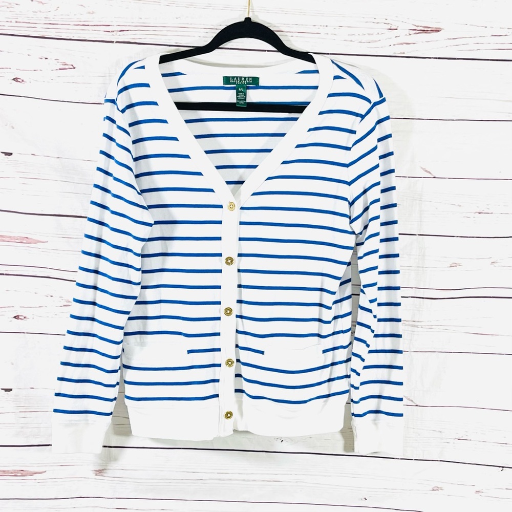 lauren ralph lauren Womens Cardigan Petite Size PL Blue /White striped.